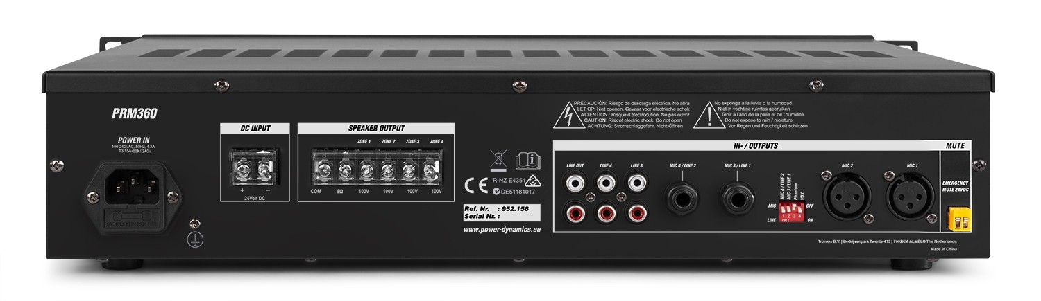 Amplificatore da 360W a 4 zone 100V/8Ohm BT/USB/SD, display LCD Mod. PRM360