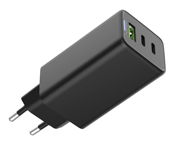 Caricabatterie USB GAN 65W PD 2 USB-C + 1 USB-A Nero