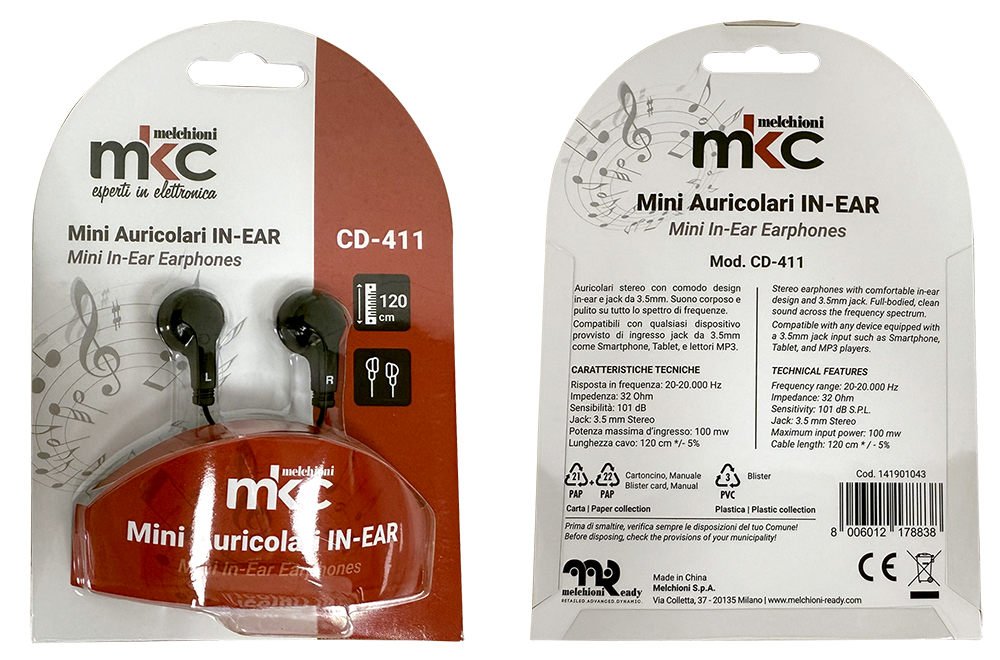 CD-411 Audicolari  cablati con mini jack stereo da 3,5mm, colore nero, confezione blister