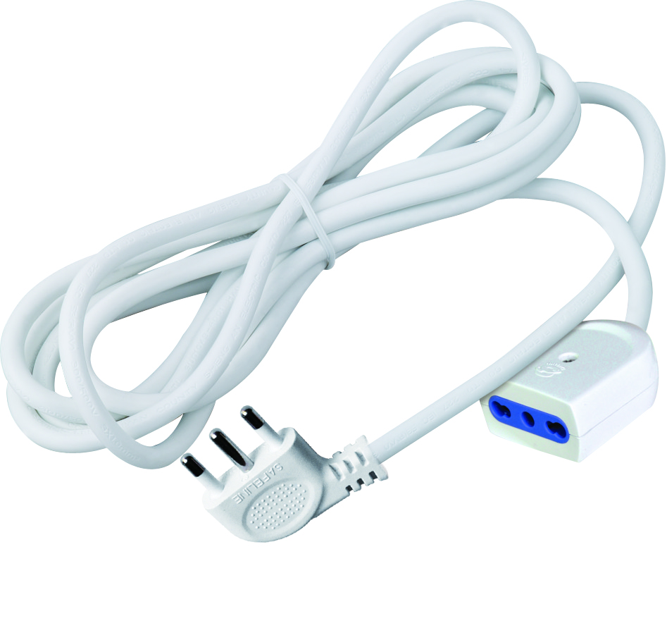 MK1121-5m - Prolunga elettrica bianca spina salvaspazio 90° 16A presa bipasso 10/16A 5mt