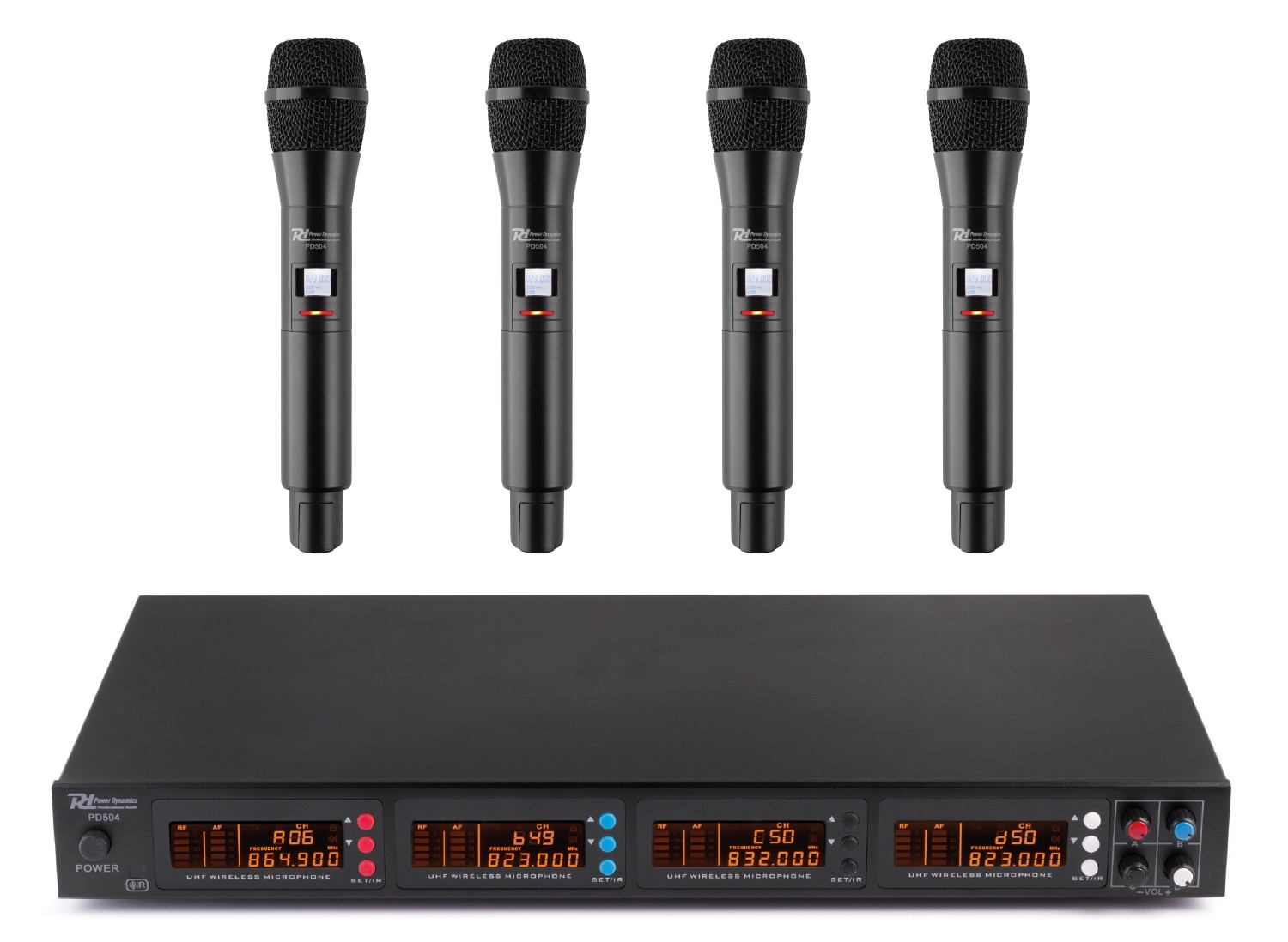 PD504H Set microfonico wireless in banda UHF 4 x 50 CH + 4 microfoni palmari