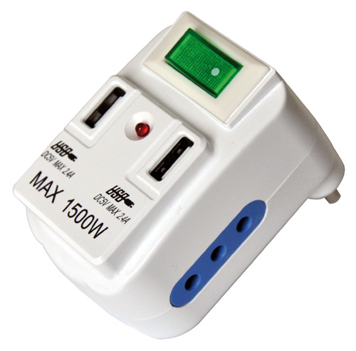 Adatt. di rete bianco spina 10a-presa 10a +n2 USB e interr. Led MKC
