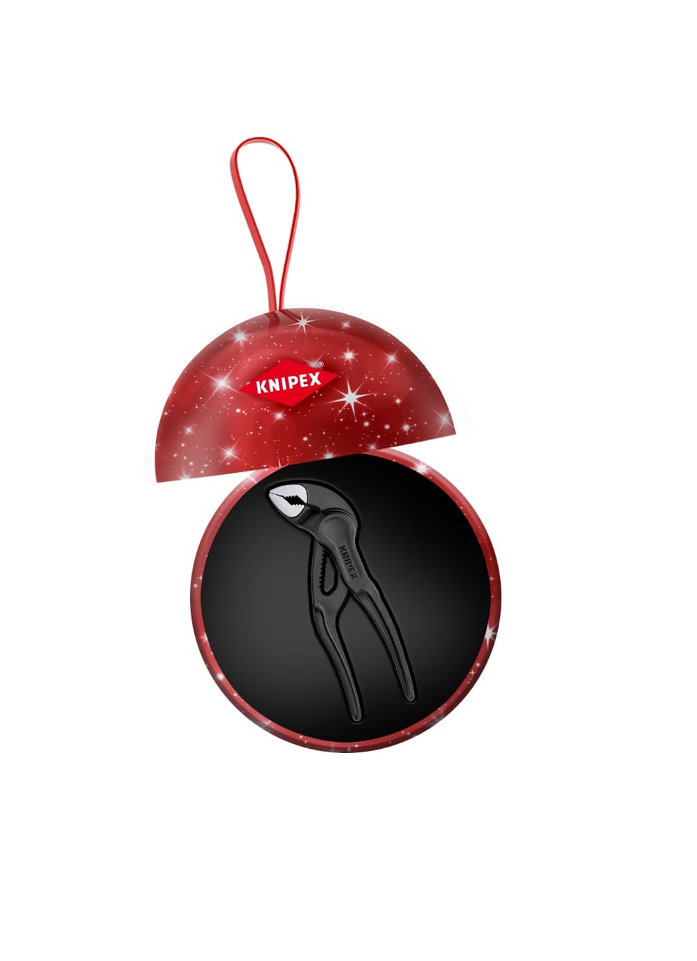 Mini pinza regolabile per tubi e dadi KNIPEX Cobra® XS in una scintillante palla di Natale
