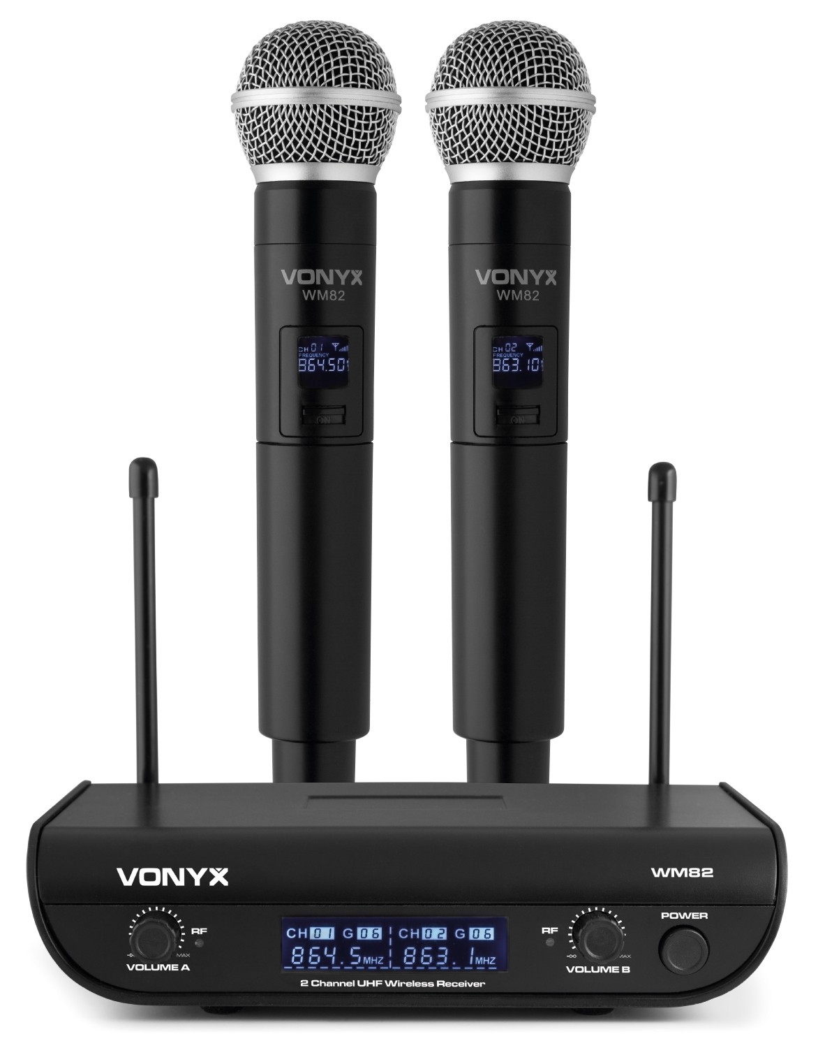 WM82 Set microfonico wireless a 2 canali digitali UHF, con due microfoni palmari