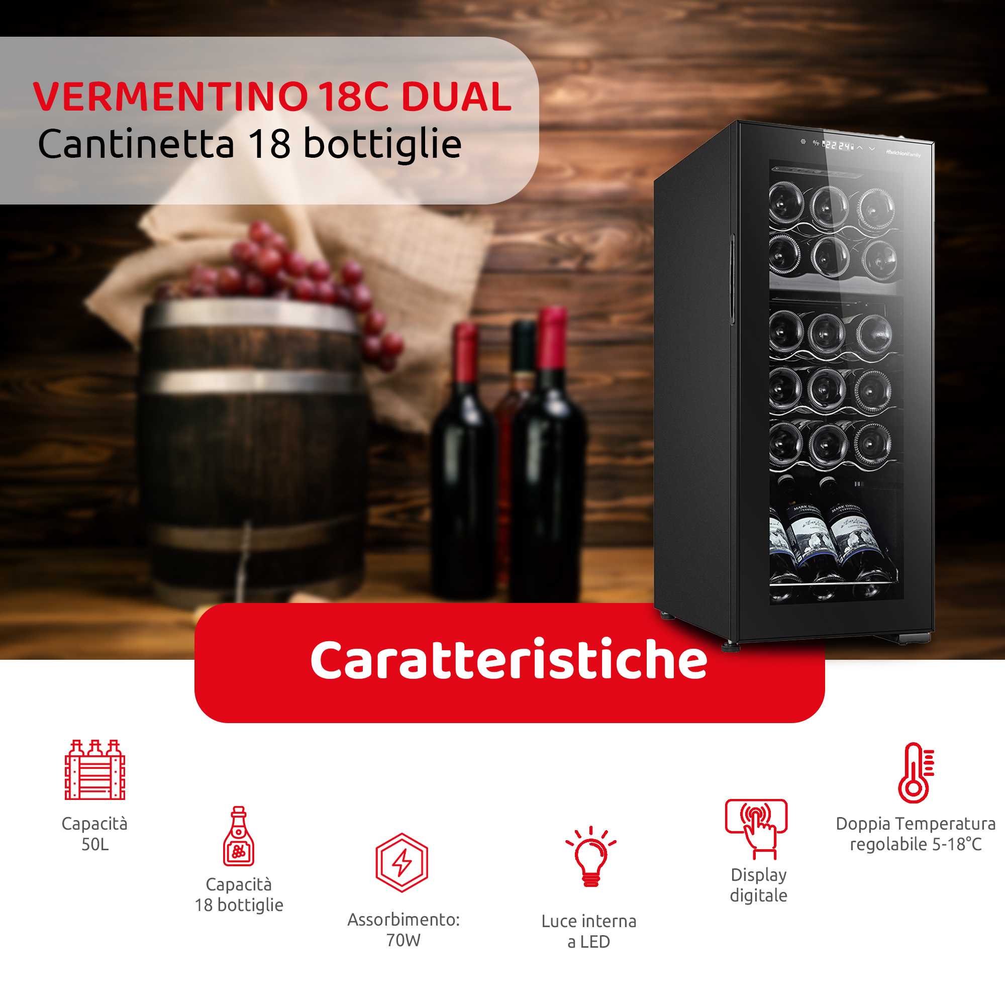 Cantinetta VERMENTINO 18 C DUAL - 18 bottiglie doppia temperatura con compressore