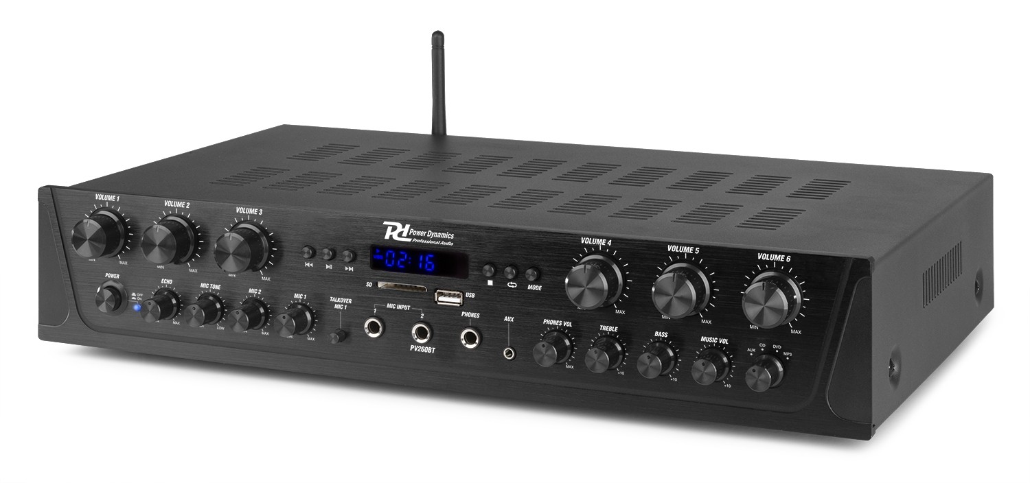 Amplificatore 4-8Ohm, 6 zone, potenza 600W con BT e USB PV260BT
