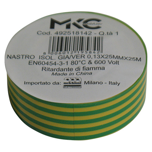 Nastro isolante giallo/verde 0,13mmx25mmx25mt autoestinguente