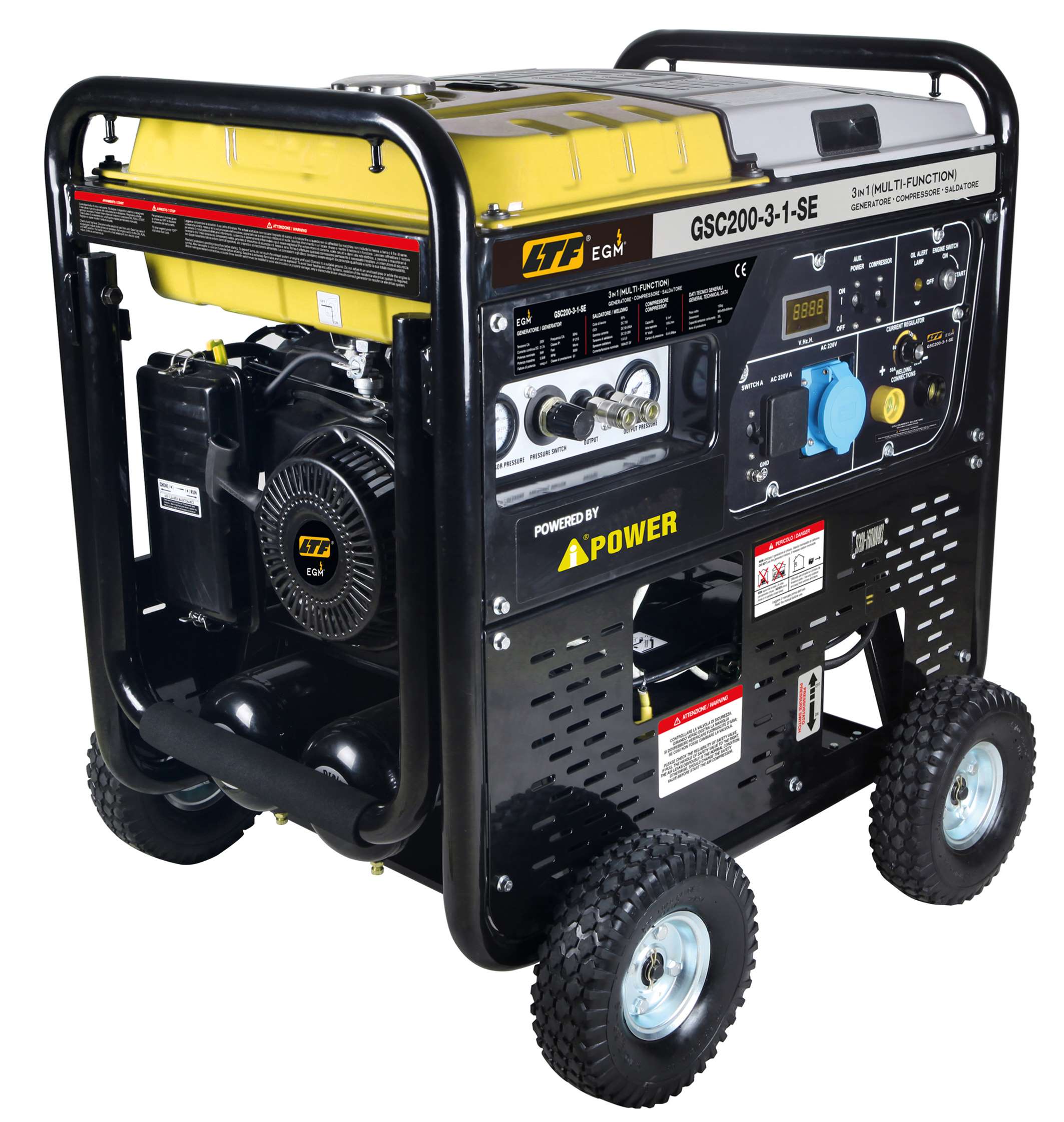 Generatore a benzina 230V, monofase 5 kW, saldatore potenza 5 kW, compressore 100 l/min EGM GSC200-3-1-SE