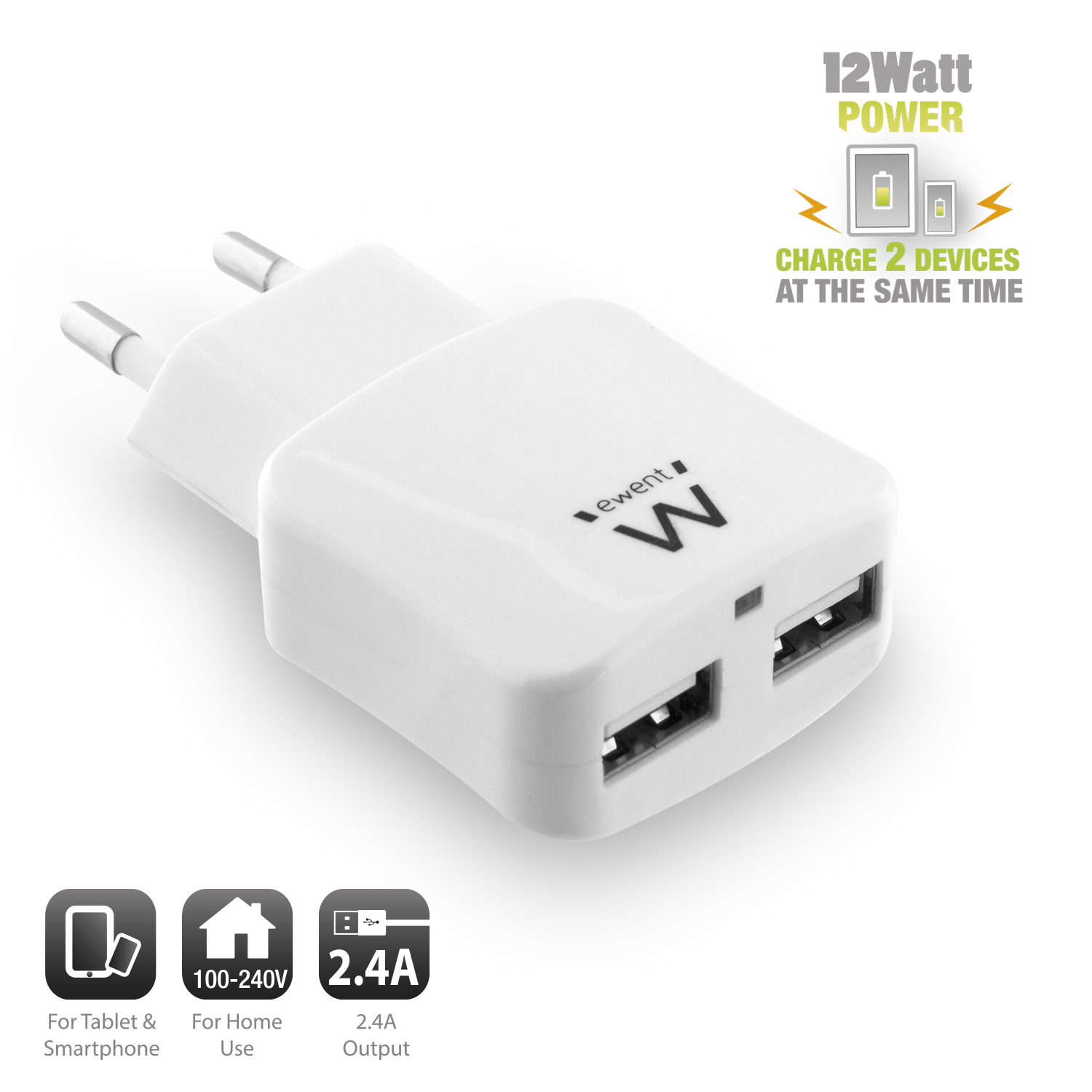 Caricabatterie USB AC, smart IC, 2 porte, 2.4A (12W) - colore bianco