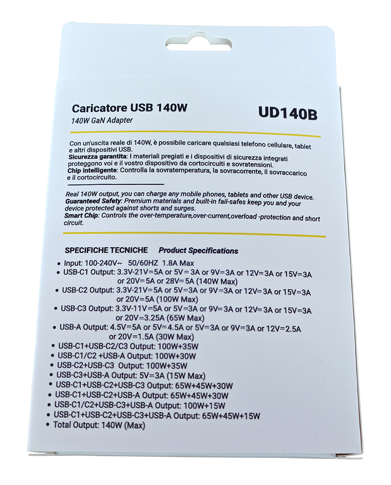 Caricabatterie USB GAN 140W PD 3 USB-C + 1 USB-A Nero