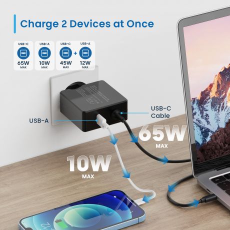 Caricatore per notebook da parete USB tipo C e 1 porta USB-A con PD 65W EW3978