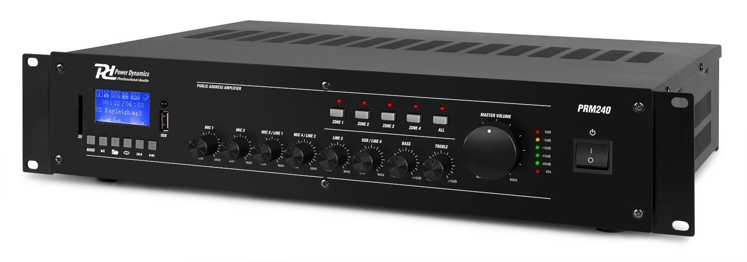 Amplificatore da 240W 4 zone 100V/8Ohm con BT/USB/SD, display LCD mod. PRM240
