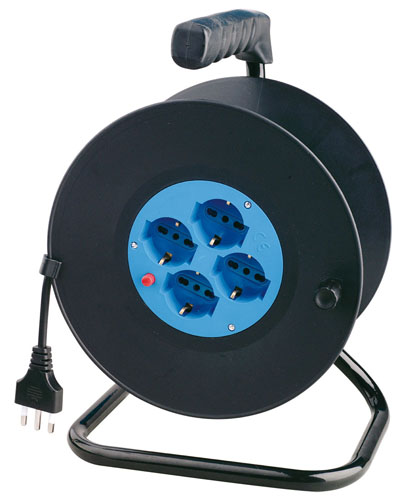 Avvolgicavo 25mt n 4 prese schuko/bipasso 10/16a - spina 16a con prot. MKC