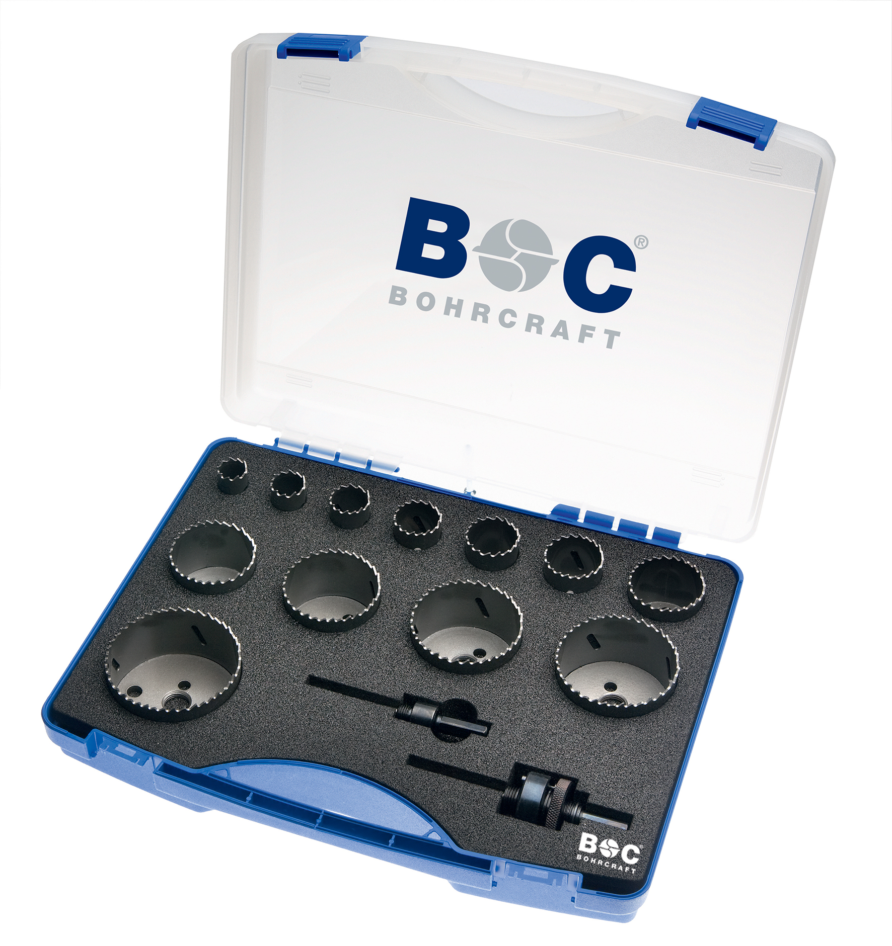 BOHRCRAFT 19001330012 Assortimento 12 seghe a tazza bimetalliche 16-76 mm + 2 attacchi per frese 14-30 + 32-210 mm, 14 pz