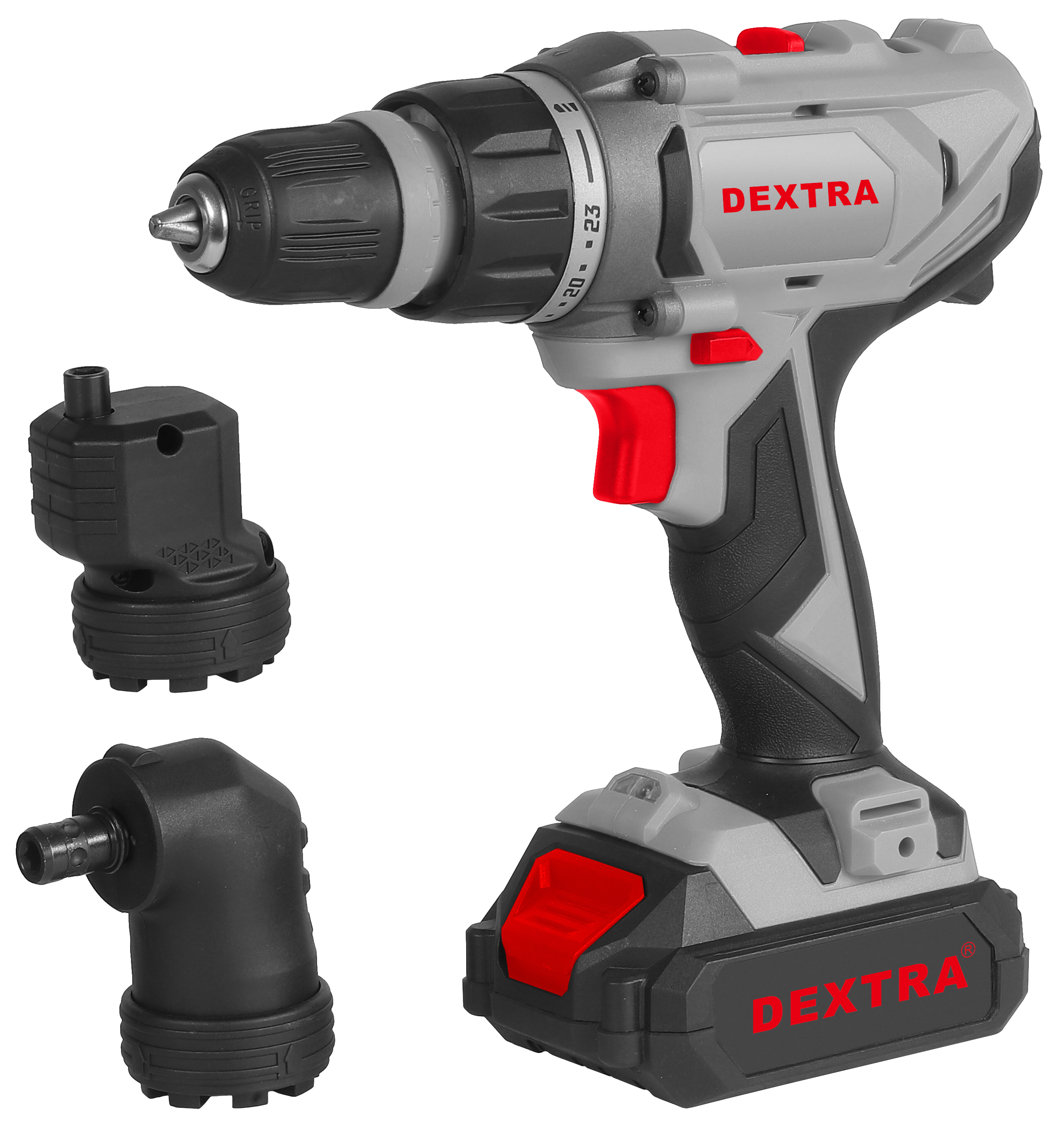 Trapano avvitatore multi-testina 3 in 1 20V 50 N·m con mandrino autoserrante 10 mm DEXTRA