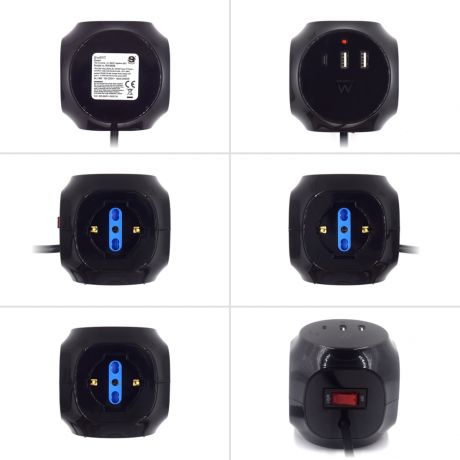 EW3859 - Multipresa a Cubo 3 posizioni con 2 caricatorI Usb e 1 caricatore Usb-C, con spina italiana 16A