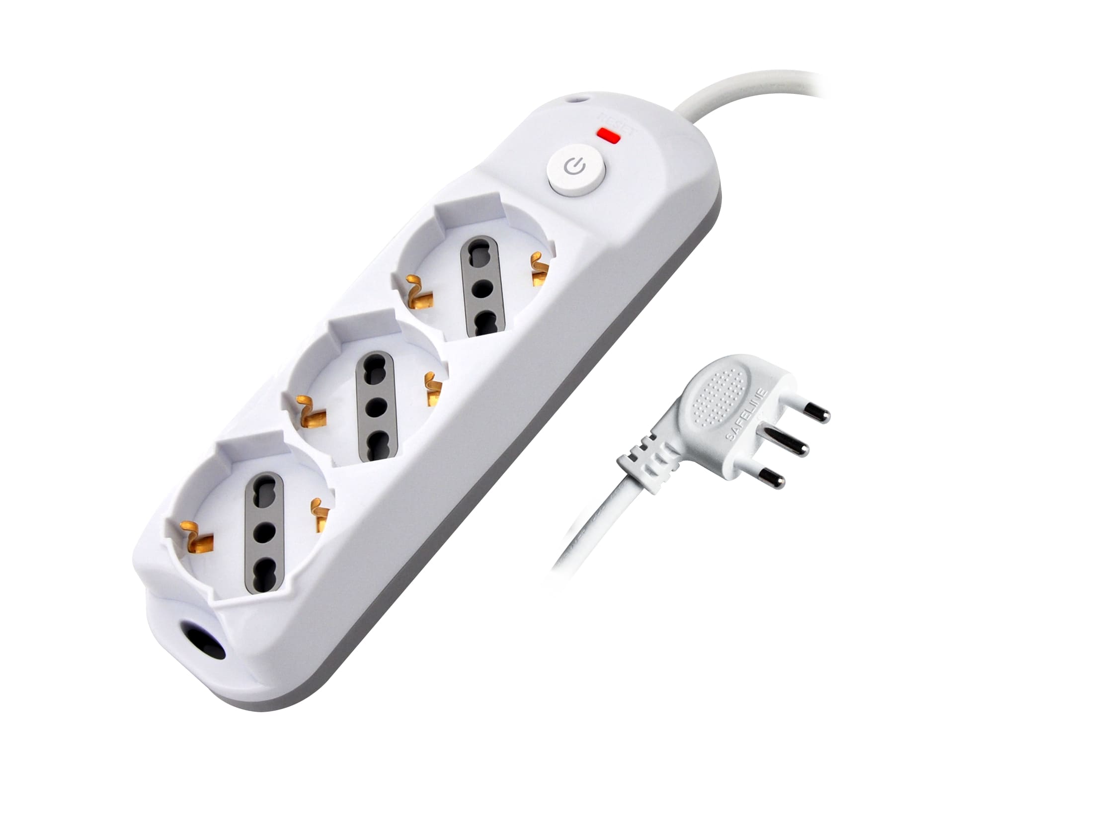 MK3523 - Multipresa bianca con pulsante, 3 posizioni schuko bipasso 10/16A, spina 90° 16A 2P+T cavo 1,5mt