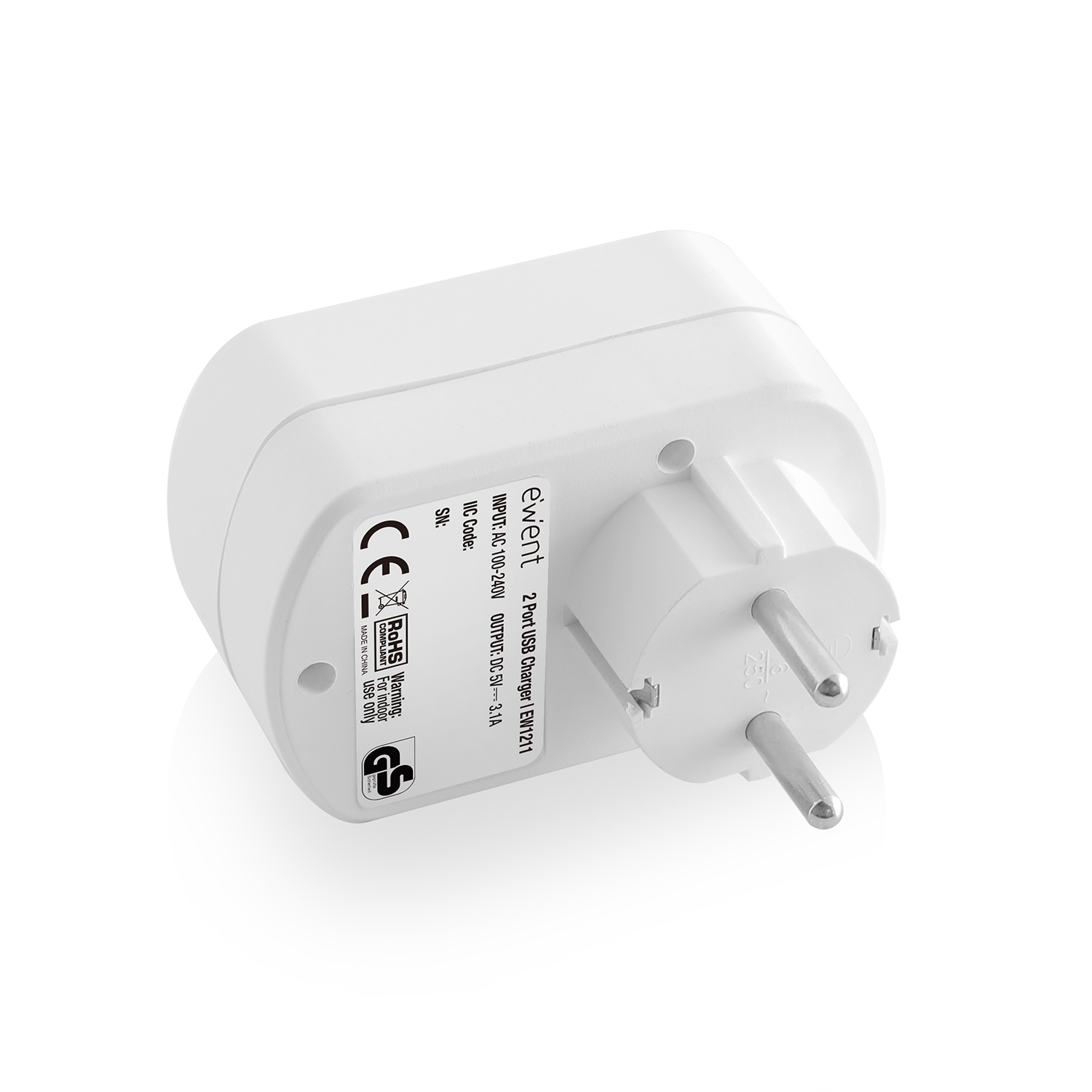 Caricabatterie USB AC, 2 porte, 3.4A (17W), con presa di alimentazione Shuko