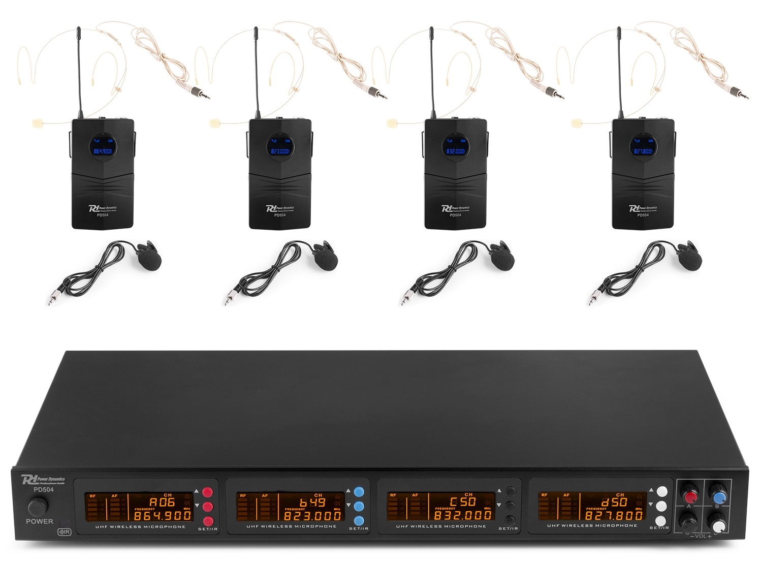 PD504B Set microfonico wireless in banda UHF 4 x 50 CH + 4 Bodypack