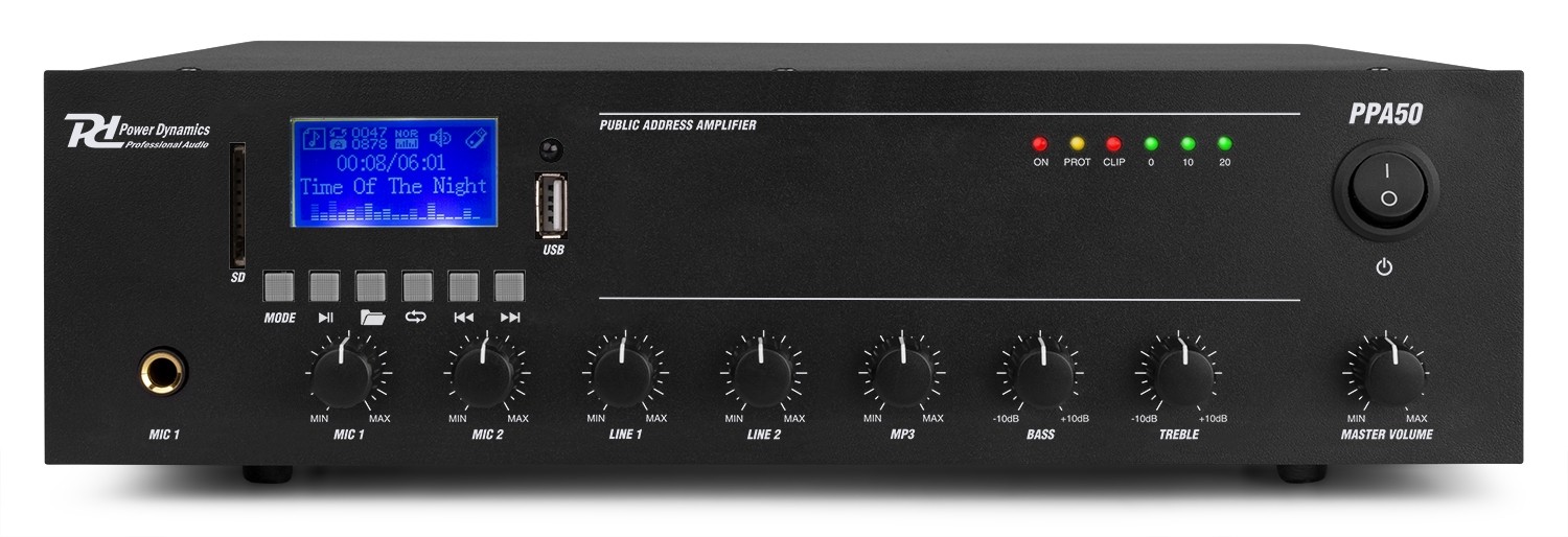 Amplificatore PA 50W 70-100V 8Ω 12V con USB/SD/BT PPA50