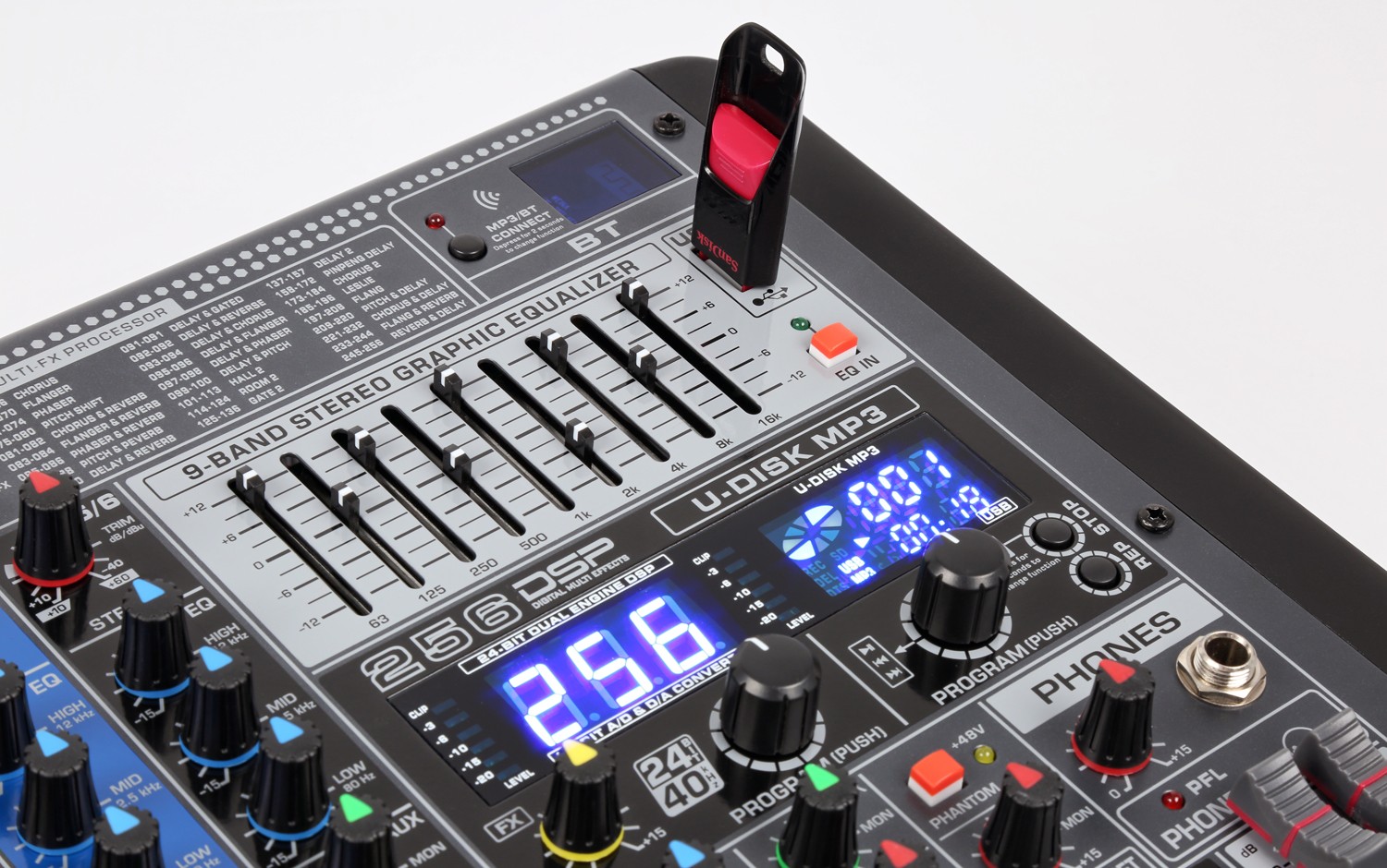 , mixer 12 canali funzione eco, dsp. ingresso usb mp3 e ricevitore bluetooth
