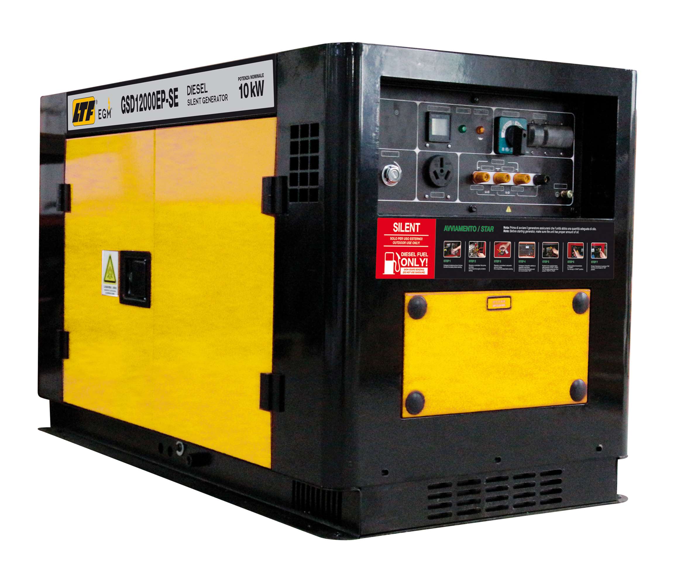 Generatore di corrente portatile silenziato 10 kW, 230V monofase e 400V trifase, avvio elettrico EGM GSD12000EP-SE