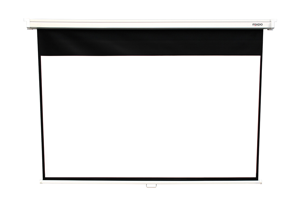 Schermo Manuale 200x152cm con tela bianca, retro nero e bordo nero, formato 16:9, Mod. IR-S3202RN