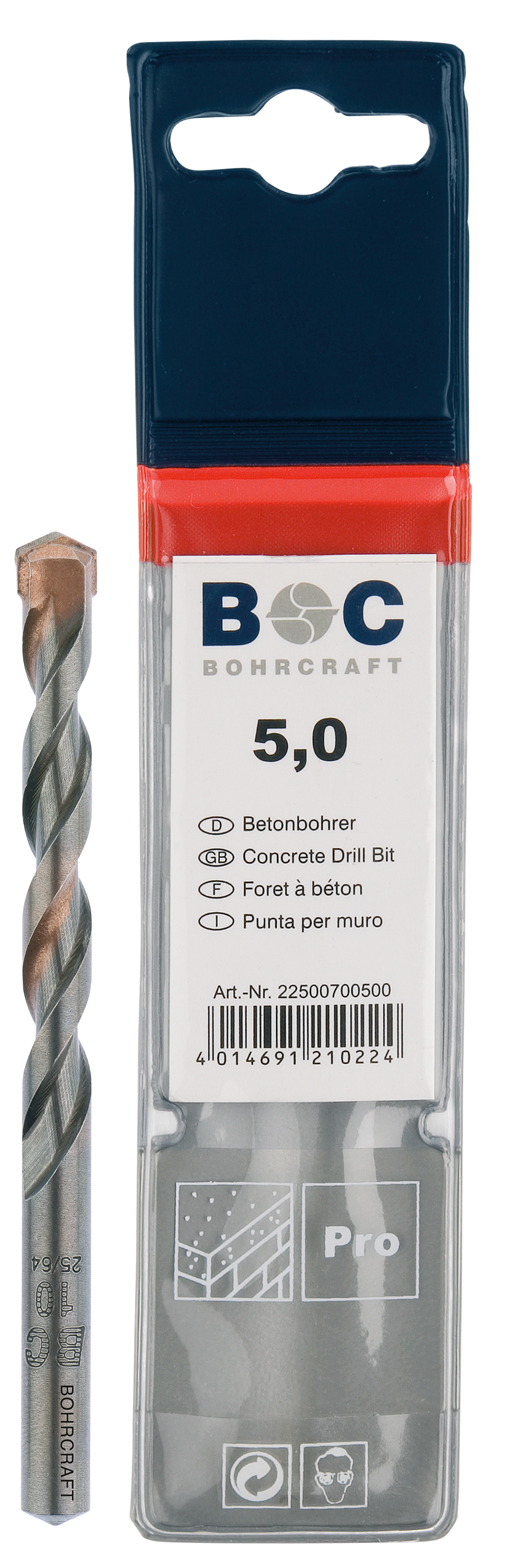 BOHRCRAFT 22610700500 Punta da muro sabbiata con inserto in MD, angolo 130°, ø 5,0 mm L=150 mm conf. 1 pz