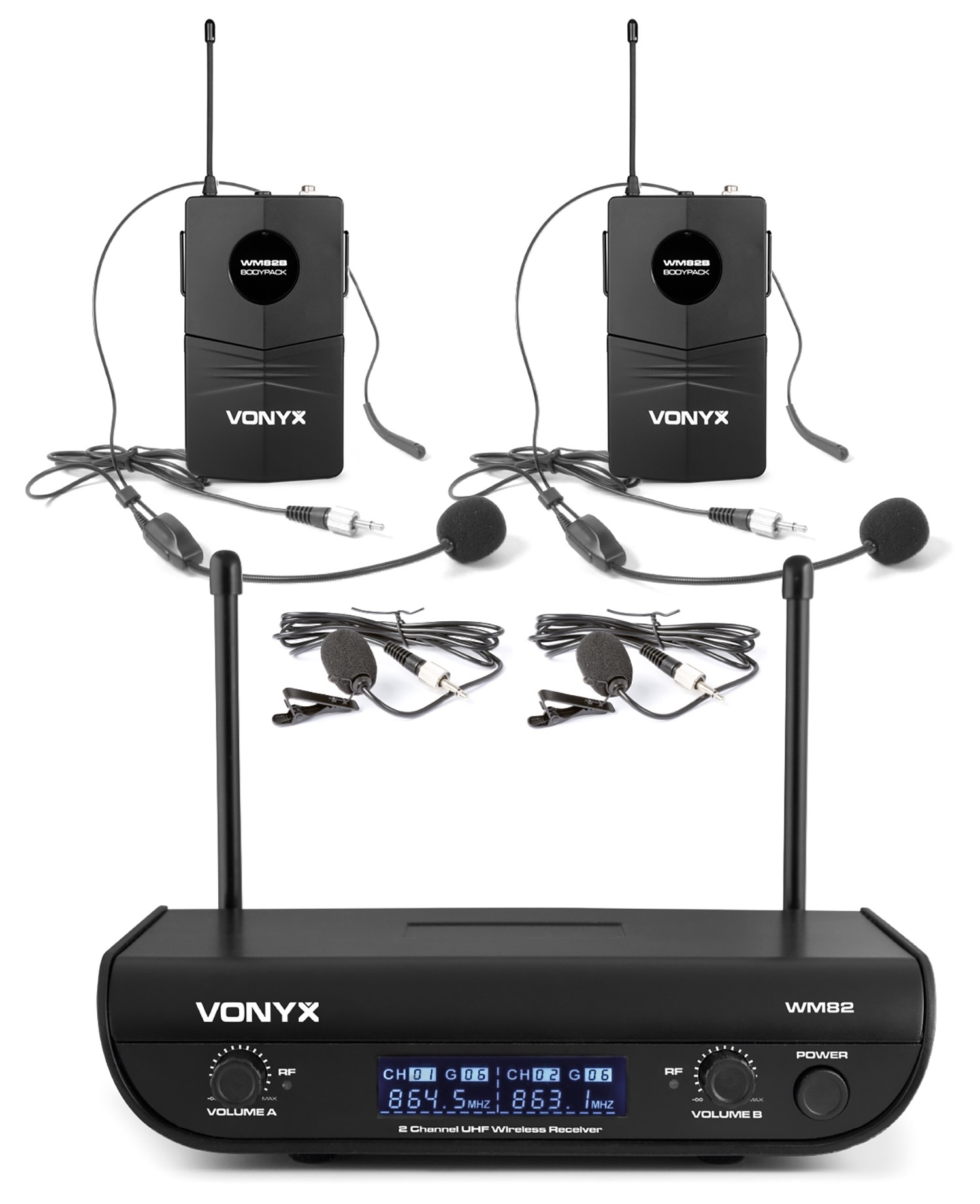WM82B Radiomicrofono 2 CH UHF, con due bodypack , 2 cuffie e 2 microfoni tieclip
