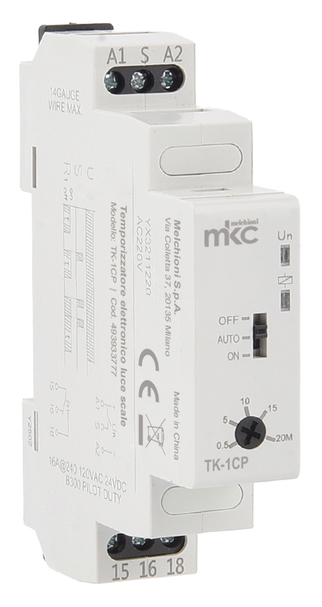 TK-1CP - Temporizzatore elettronico luce scale Guida DIN 1 modulo, con contatto pulito