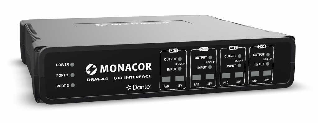 DRM-44 - Matrice Dante 4 x 4: 4 ingressi analogici bilanciati e 4 uscite analogiche bilanciate via rete