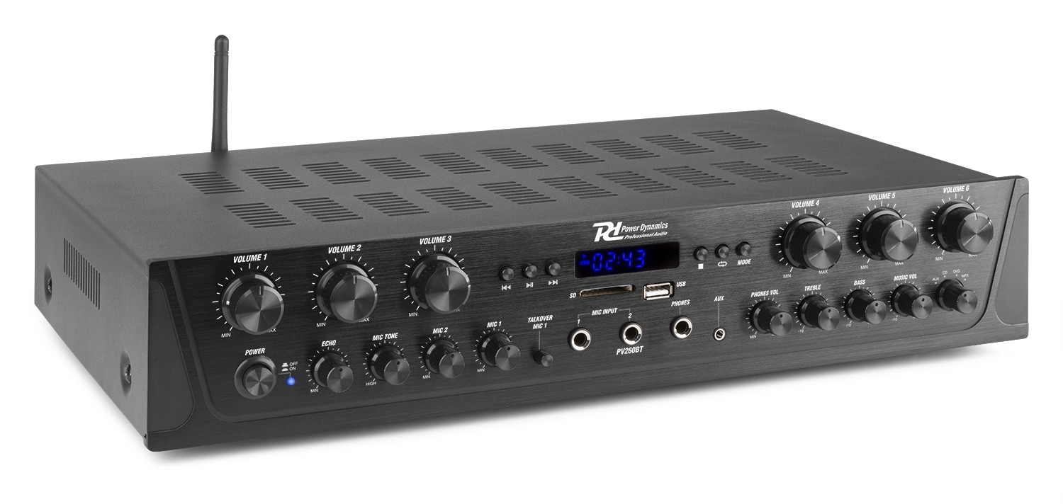 Amplificatore 4-8Ohm, 6 zone, potenza 600W con BT e USB PV260BT