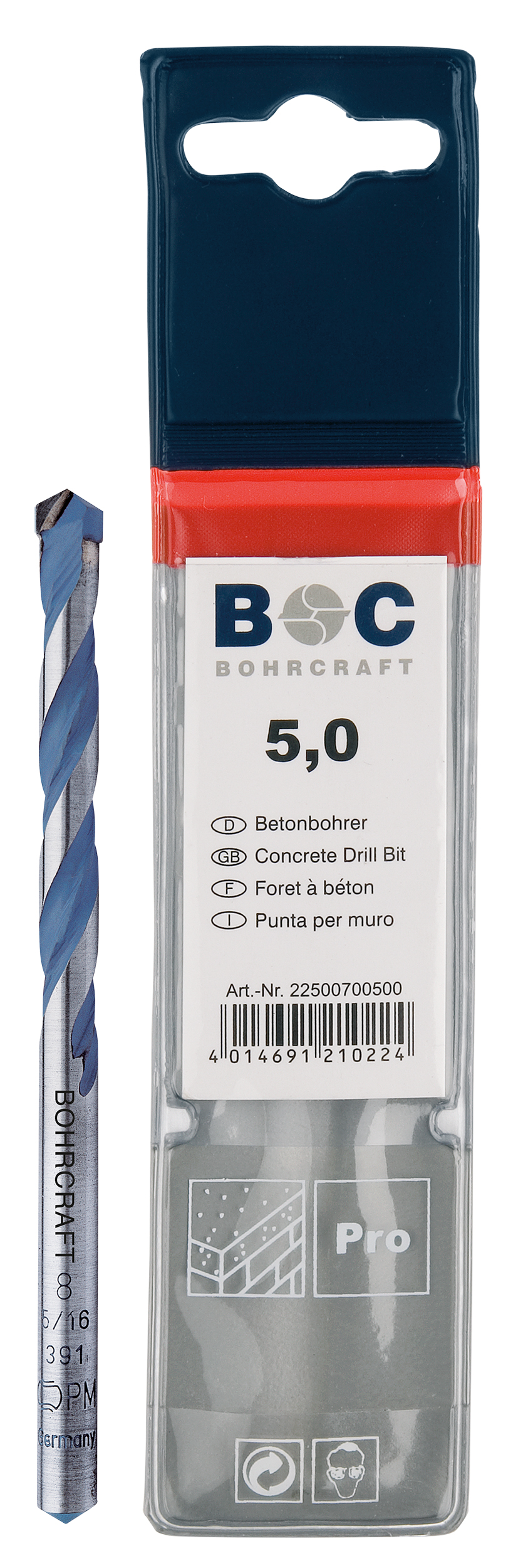 BOHRCRAFT 22700701025 Punta universale con inserto in MD e affilatura al diamante, ø 10,0 mm L=250 mm conf. 1 pz