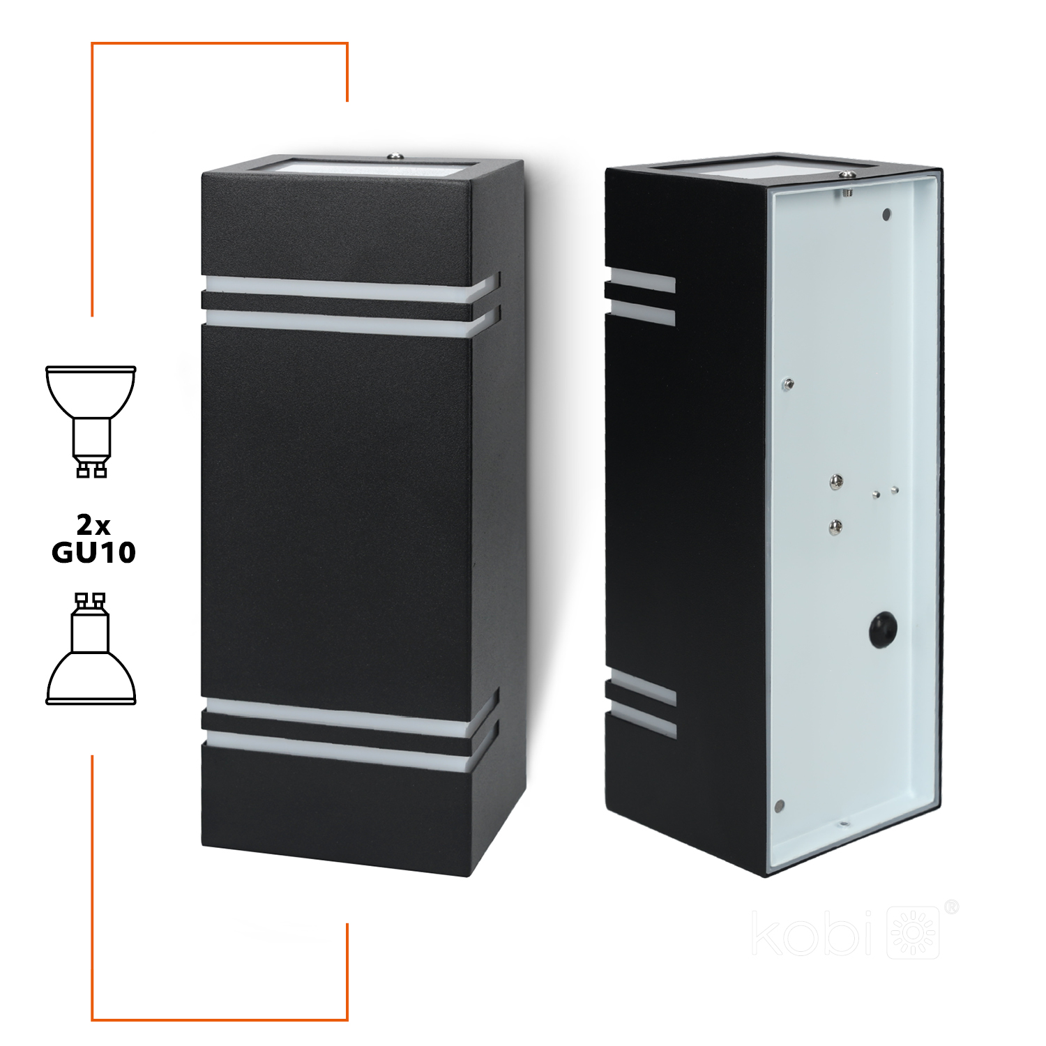 QUAZAR 7 - applique da esterno biemissione 2xGU10 IP44 nera, KOBI