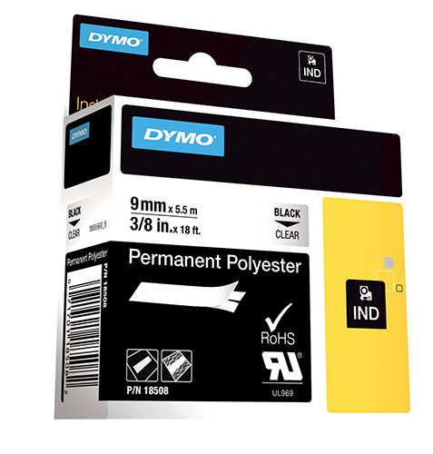 Rhino 9 Mm Poliestere Permanente Nero Su Trasparente