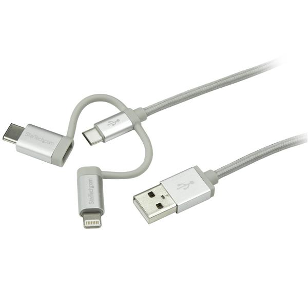 Startech.com LTCUB1MGR Cavo USB-C Multi-Carica - Lightning, USB, Micro-B - Cavo di Ricarica Intrecciato USB-C - Certificato MFi - USB 2.0 - 3 in 1 - 1m