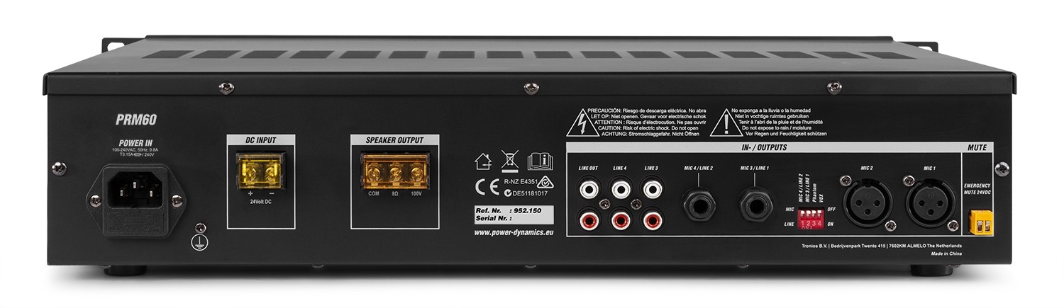 Amplificatore 60W  mono zona da 100V 8Ohm con BT, SD, USB mod. PRM60