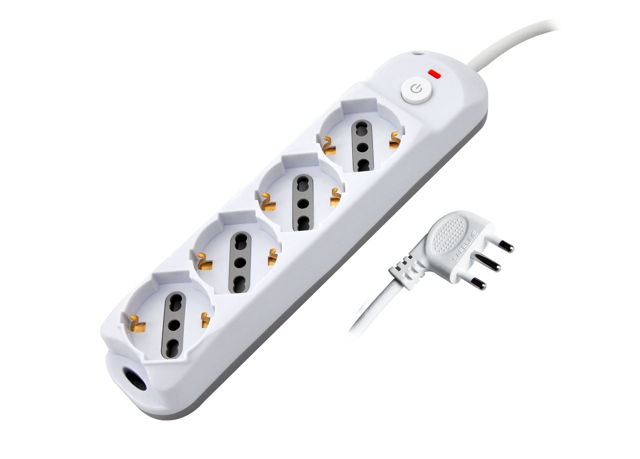 MK3524 - Multipresa bianca con pulsante, 4 posizioni schuko bipasso 10/16A, spina 90° 16A 2P+T cavo 1,5mt