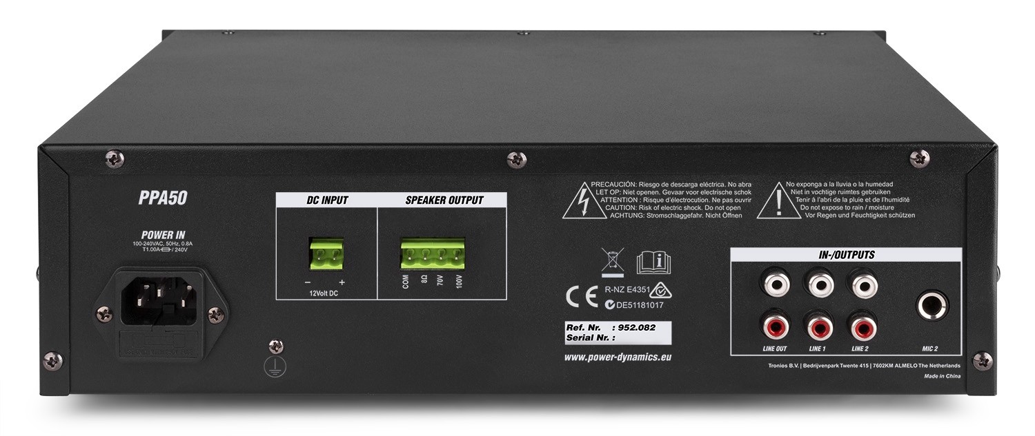 Amplificatore PA 50W 70-100V 8Ω 12V con USB/SD/BT PPA50