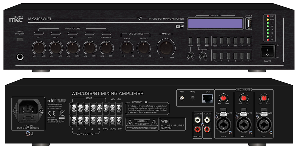 Amplificatore PA da 240W a 5 zone con USB/BT/WI-FI,  mod. MK2405WIFI