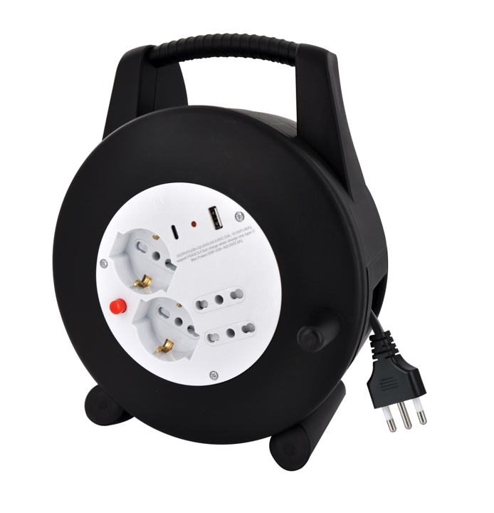 MK-AV 15m - Avvolgicavo 15mt con 2 prese bipasso 10/16A + 2 presa schuko bipasso 10/16A + 1 USB-A e 1 USB-C, con spina italiana 16A 2P+T