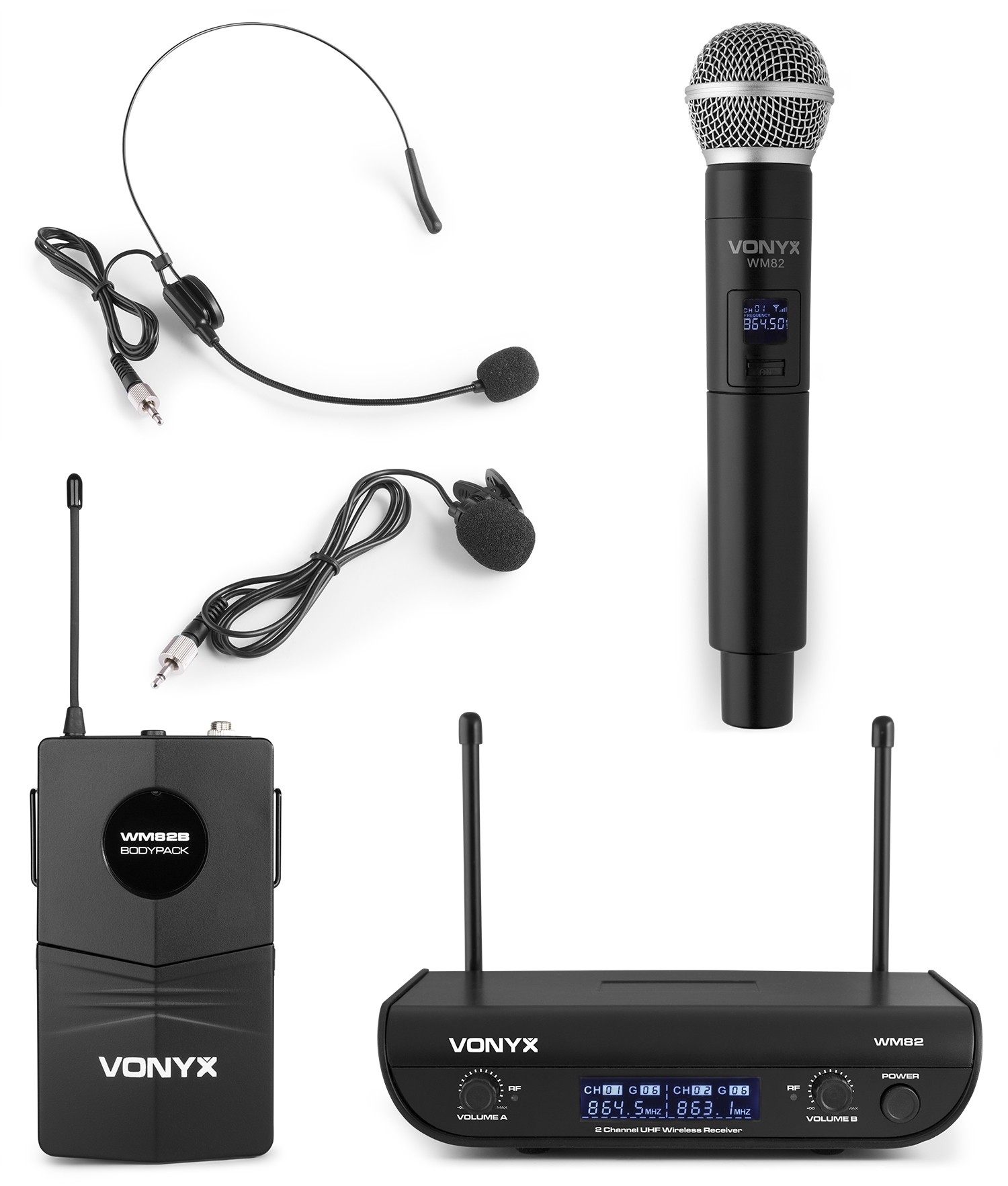 WM82C Radiomicrofono 2 canali UHF, con 1 Palmare e 1 bodypack, cuffia e tieclip