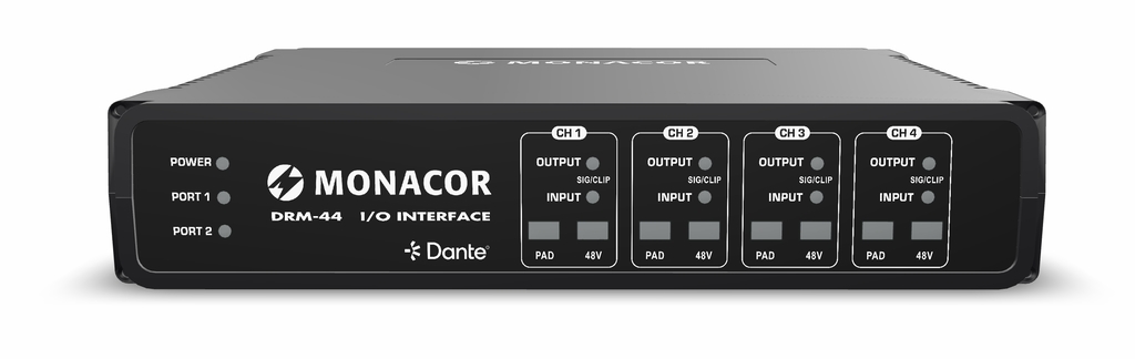 DRM-44 - Matrice Dante 4 x 4: 4 ingressi analogici bilanciati e 4 uscite analogiche bilanciate via rete