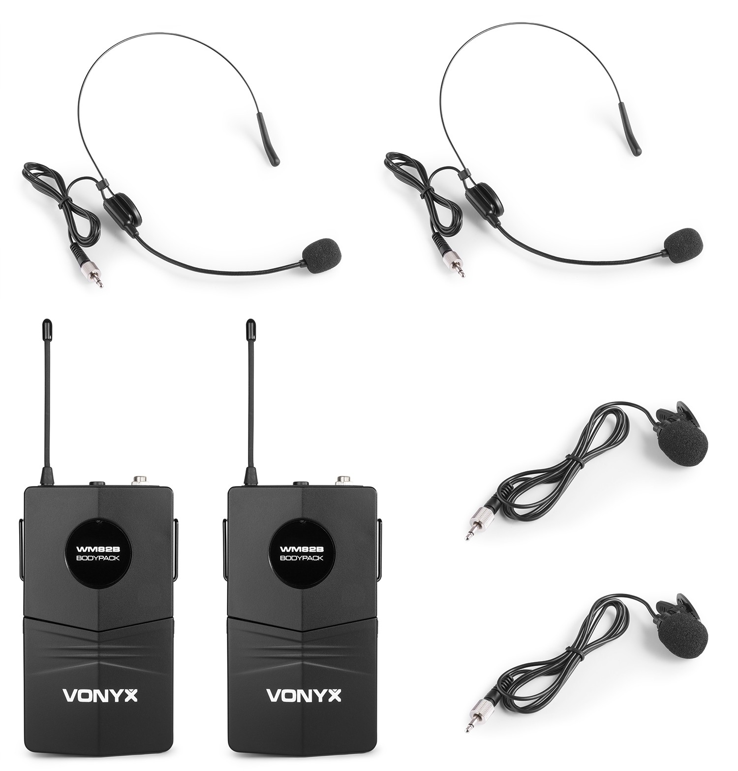 WM82B Radiomicrofono 2 CH UHF, con due bodypack , 2 cuffie e 2 microfoni tieclip