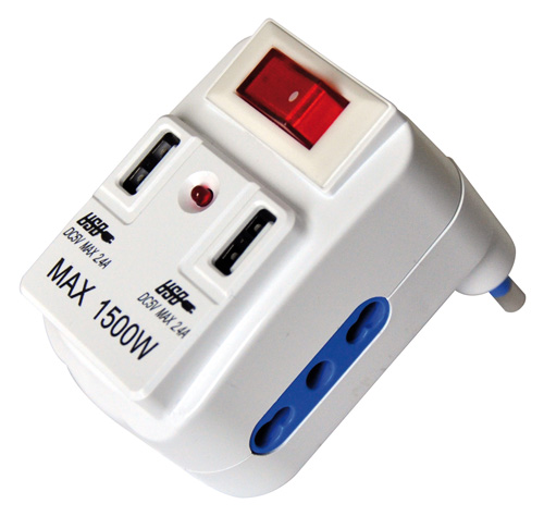 Adatt. di rete bianco spina 16a-presa 10/16a +n2 USB e interr. led MKC