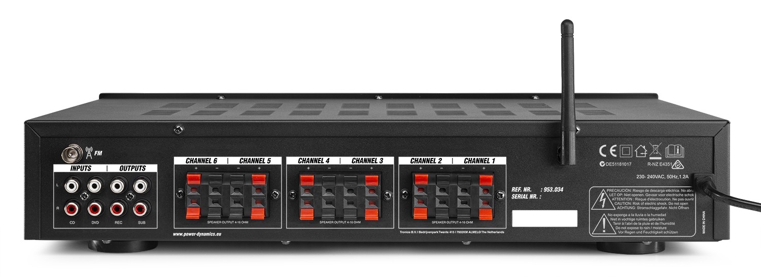 Amplificatore 4-8Ohm, 6 zone, potenza 600W con BT e USB PV260BT
