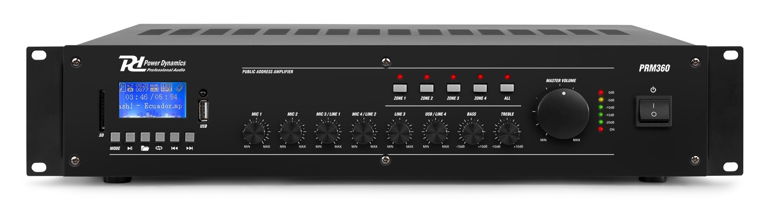 Amplificatore da 360W a 4 zone 100V/8Ohm BT/USB/SD, display LCD Mod. PRM360