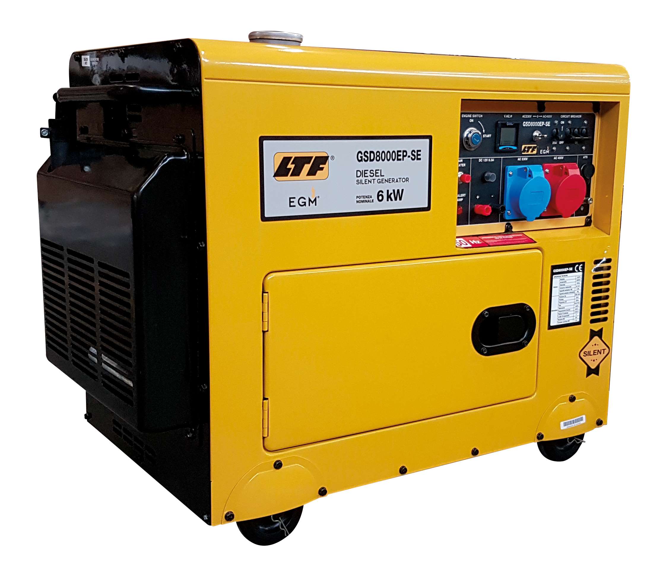Generatore di corrente portatile silenziato 6 kW, 230V monofase, avvio elettrico EGM GSD8000EP-SE