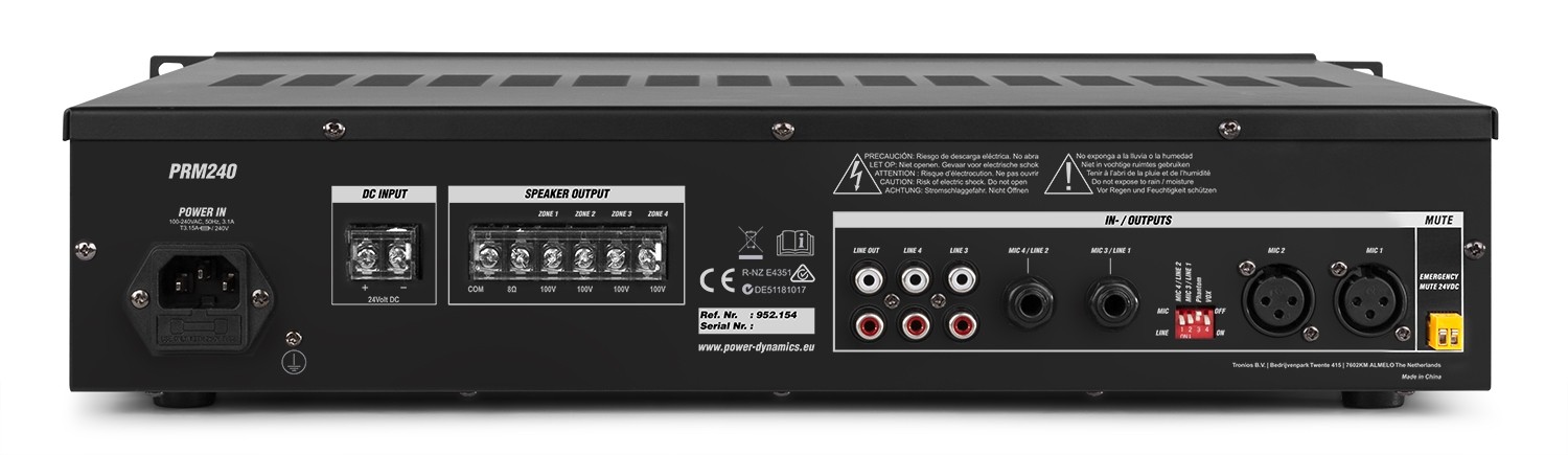 Amplificatore da 240W 4 zone 100V/8Ohm con BT/USB/SD, display LCD mod. PRM240