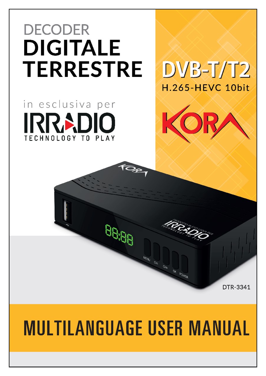 Decoder digitale terrestre IRRADIO KORA DTR-3341 dvb-t2 hevc h.265 60hz, 10bit